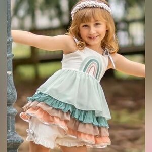 Evie’s Closet Teal Rainbow Tunic Set with White Shorties Size 5